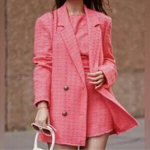 New❣️ Zara Oversized Barbiecore Pink Tweed Fringe Hem Double Breasted Blazer